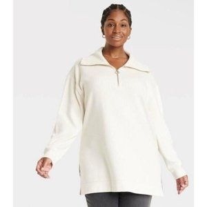Ava & Viv Women's Plus Size Quarter Zip Ribbed Heavy Sweatshirt Cream